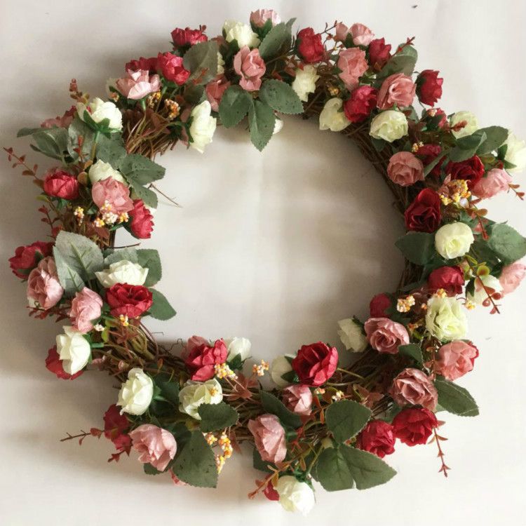 2020 Artificial Silk Rose Wreath With Twig Base Door Wreath Artificial