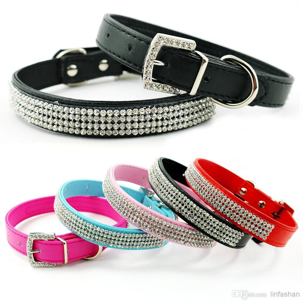 2019 14 18 Inch Mixed Colors Bling Rhinestone Dog Collars Puppy Leather Pet Collars With Dimante