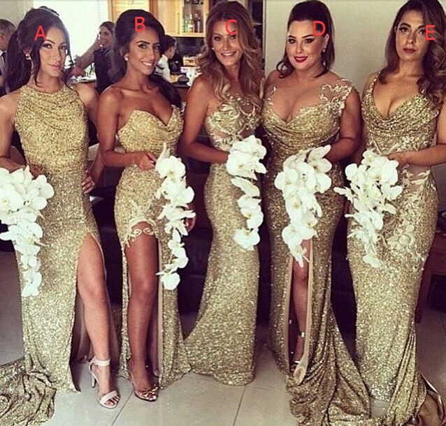 Gouden lovertjes Bruidsmeisjekleding met lange trein Sexy Side Split Shede Party Avondjurken 2016 Goedkope Bridal Maid of Honor Dress