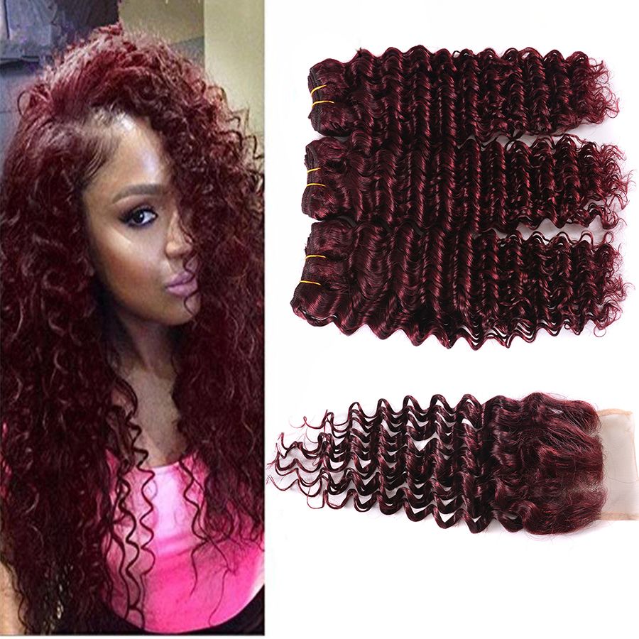 2018 Popular Color Wine Red 99j Human Hair 3 Bundles With Lace