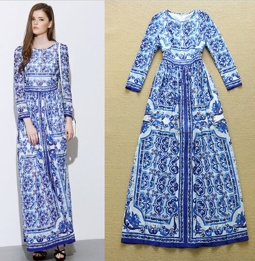 High Quality Runway Fashion Maxi Dress Women's Long Sleeve Blue And