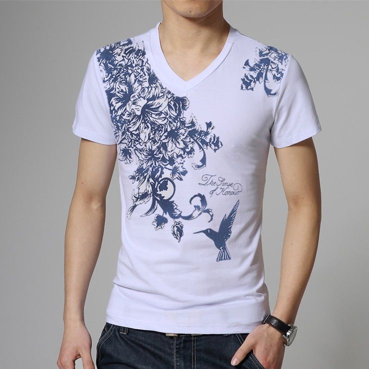 2015 White V Neck Flower Printed Men T Shirts Summer Short Sleeve Top ...