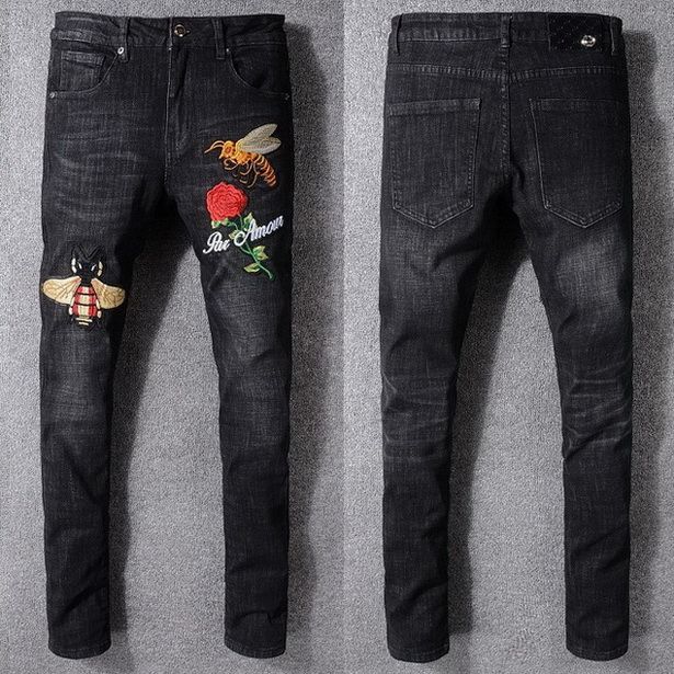2018 black jeans men embroidery patches slim fit leg style jeans