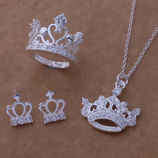 925 Sterling Silver Plated Jewelry Set Diamond Ring Necklace Earrings