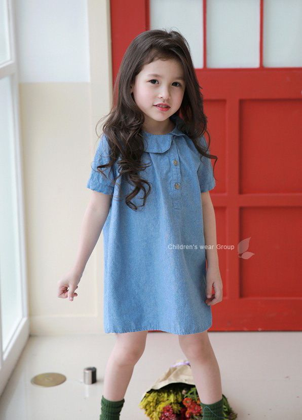 2018 2016 Girl Jean Dress Summer Cute Cotton Short Sleeve Dress Princess Ruffles Dresses
