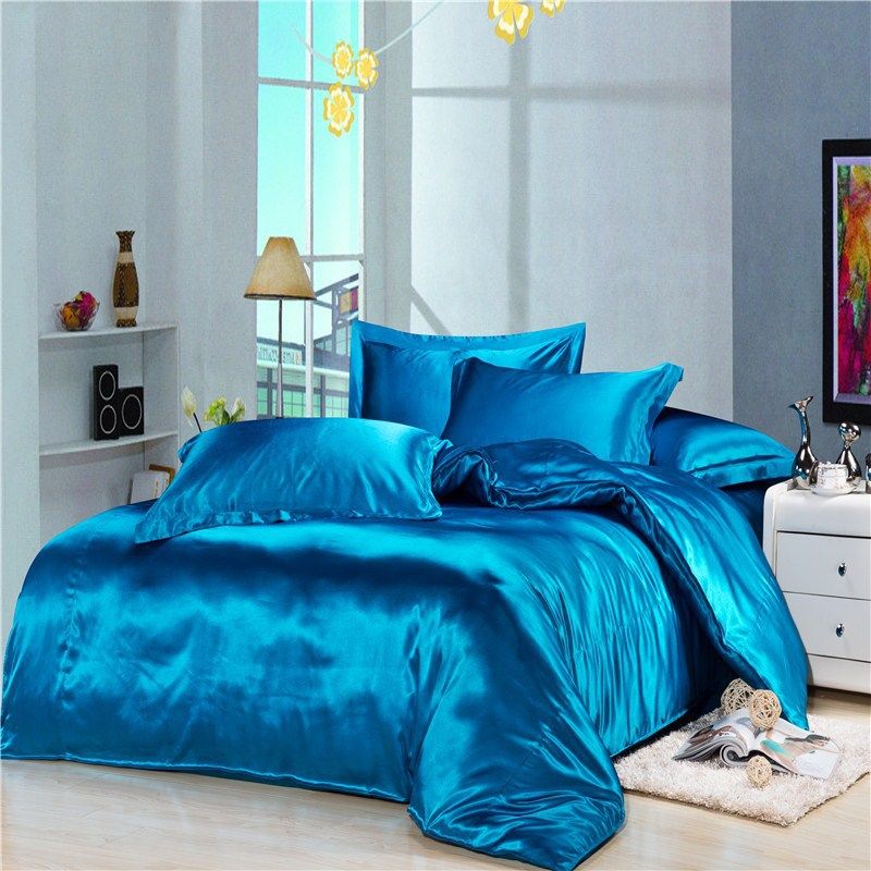 Whole Luxury Blue Silk Satin Bedding Duvet Cover Comforter Sets Whole Luxury Blue Silk Satin Bedding Duvet Cover Comforter Sets Solid Color King Queen Full Twin Fitted Flat Sheet Flannel From