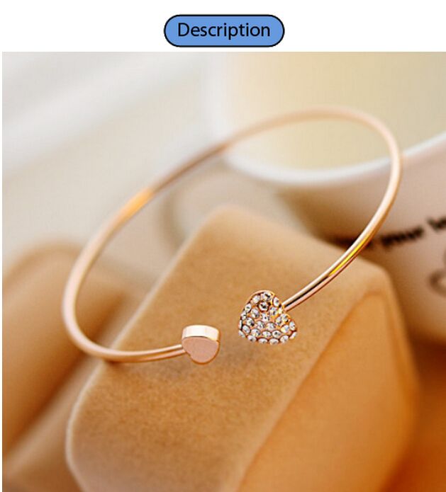 Women Fashion Bangle Style Alloy Gold and Silver Color Rhinestone Love Heart Cuff Bracelet Jewelry