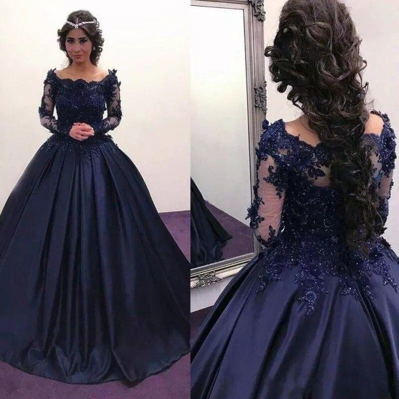 2019 Fall Winter  Navy  Blue  Long Sleeve Prom  Dresses  Bateau 