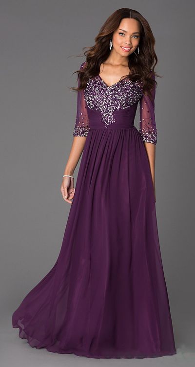 Celebrity Grape Evening Dresses With Half Sleeves Chiffon A Line Beaded ...