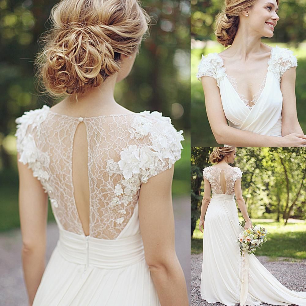 Compre Gasa Primavera Vestidos De Novia De País Flores De Encaje Cuello En  V Profundo Vestido De Casamento Cap Manga Una Línea Vestidos De Novia  Vestido Formal De China A 127,18 €