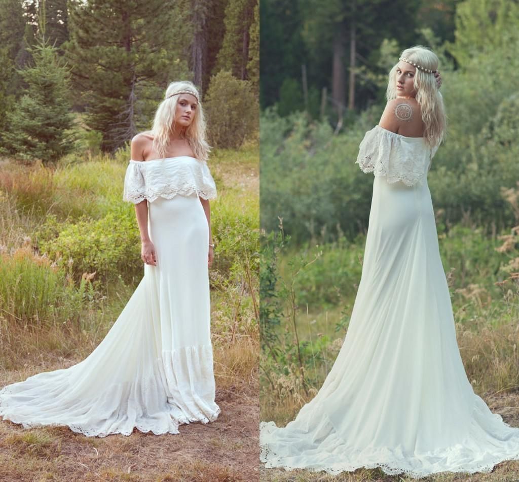 off the shoulder hippie wedding dress