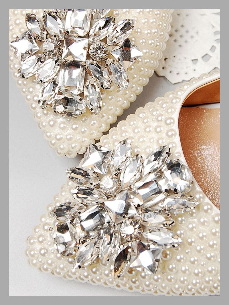 Elegant Pearl Wedding Shoes Flat Heel Diamond Bride Wedding Dress Shoes ...