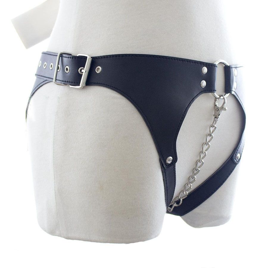 W1028 Leather Underwear Panties Thong Female Chastity Belt With Steel Chain Fetish Bondage