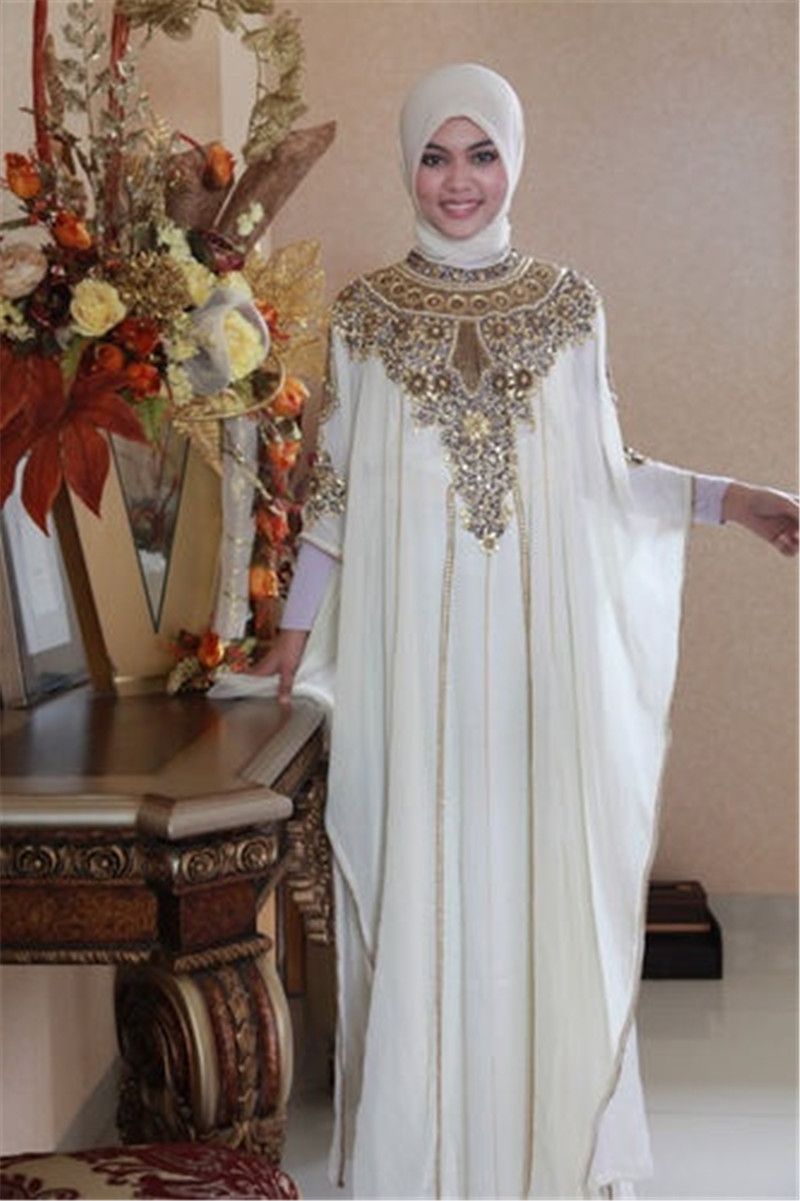 Dubai Muslim Wedding Dresses Gold Lace Applique Beads Long Sleeve ...