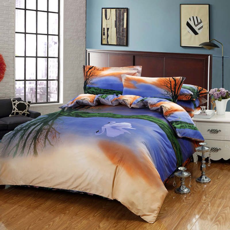 bed sunset bedding swan designer painting oil queen sets comforter cotton duvet flat sheet egyptian country linens reversible 5pc