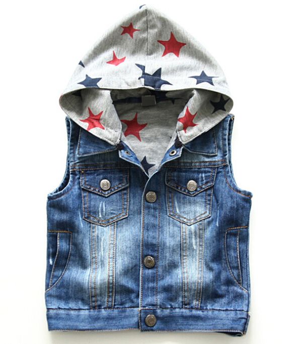 Wholesale Boy Fashion Casual Denim Cotton Hooded Vest With Stars, High