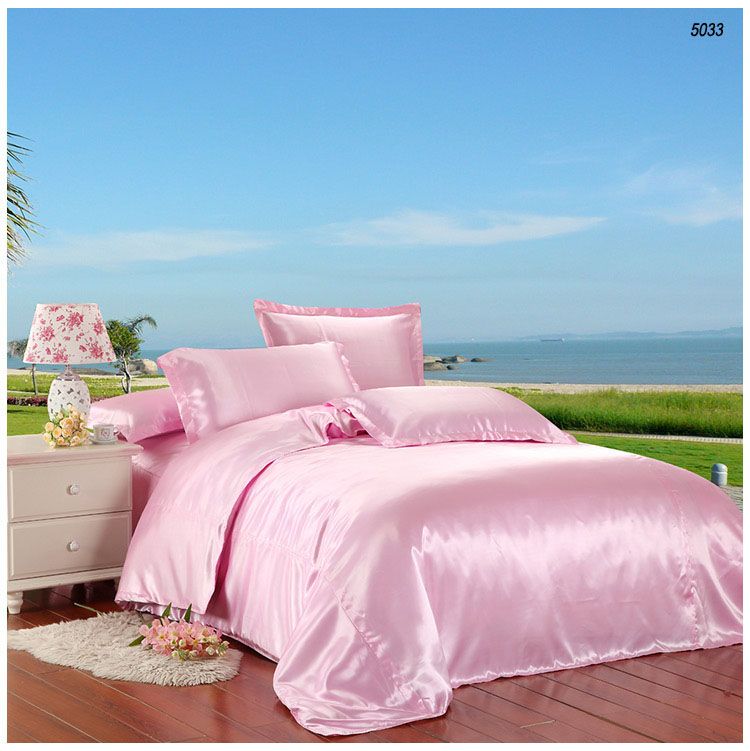 2sides silk bedding set pink satin silk bed sets silk duvet cover bed sheet zipper
