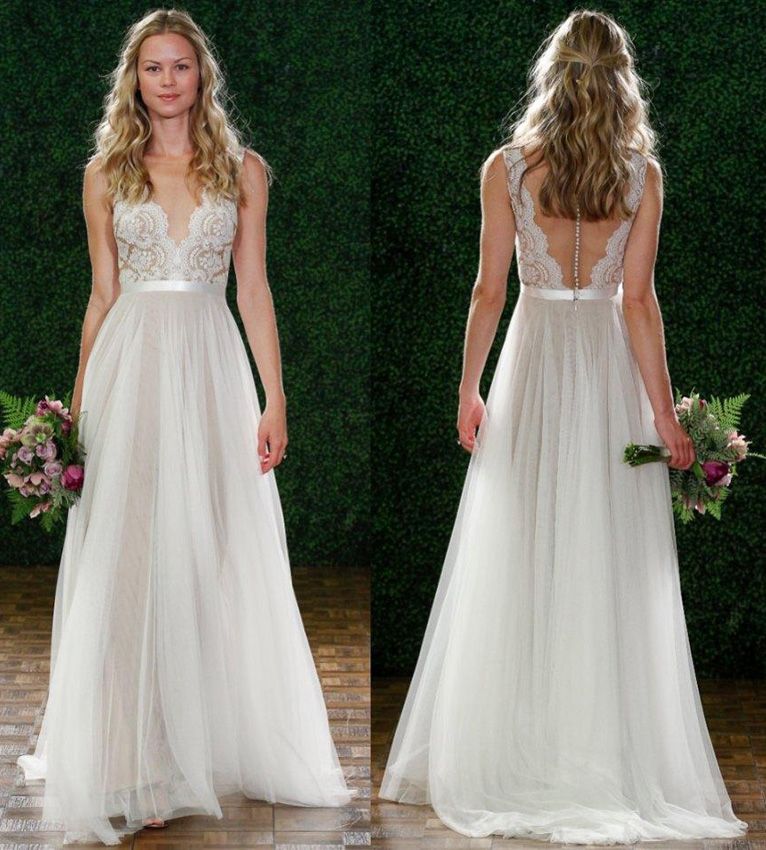 Low Back 2015 Summer Lace Beach Wedding Dresses With Sheer