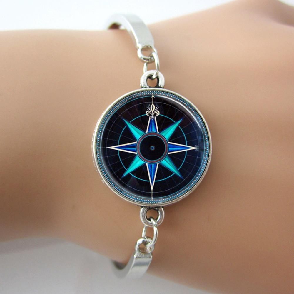 Compass Rose Bracelet,Nautical Jewelry Navy Blue And Aqua Art Pendant