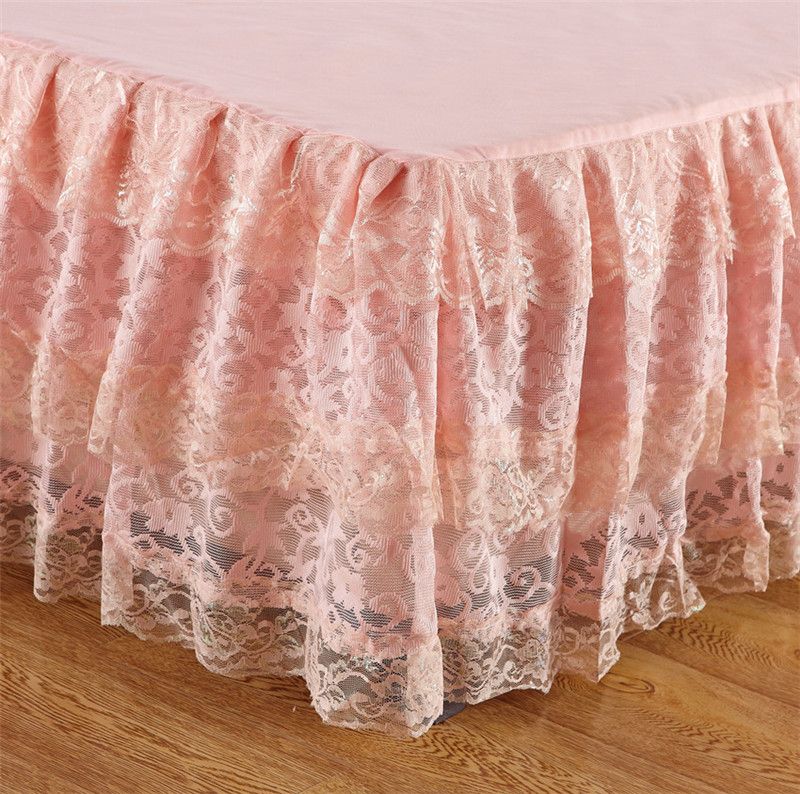 Wholesale Pale Peach 3 Tiers Ruffled Lace Bed Skirt Bedspread Cotton
