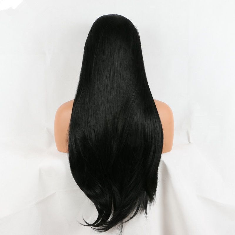 طويل طبيعي يبحث حريري مستقيم الشعر مقاومة للحرارة اليابان الألياف أسود اللون شعر غلويليس شبه لينة الرباط الجبهة الباروكة الاصطناعية أسود النساء