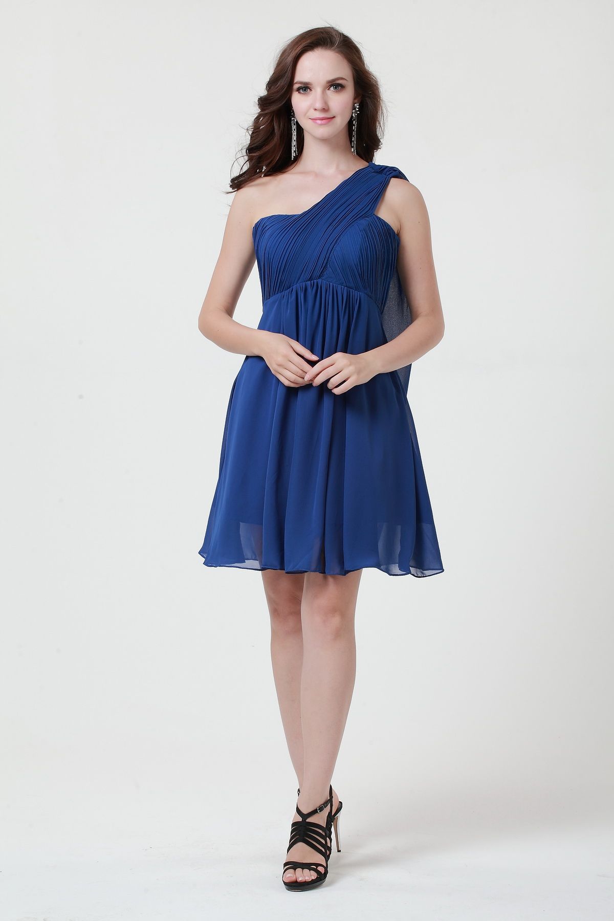 03537 2013 New Arrival Elegant One Shoulder Ruffle Royal Blue Chiffon