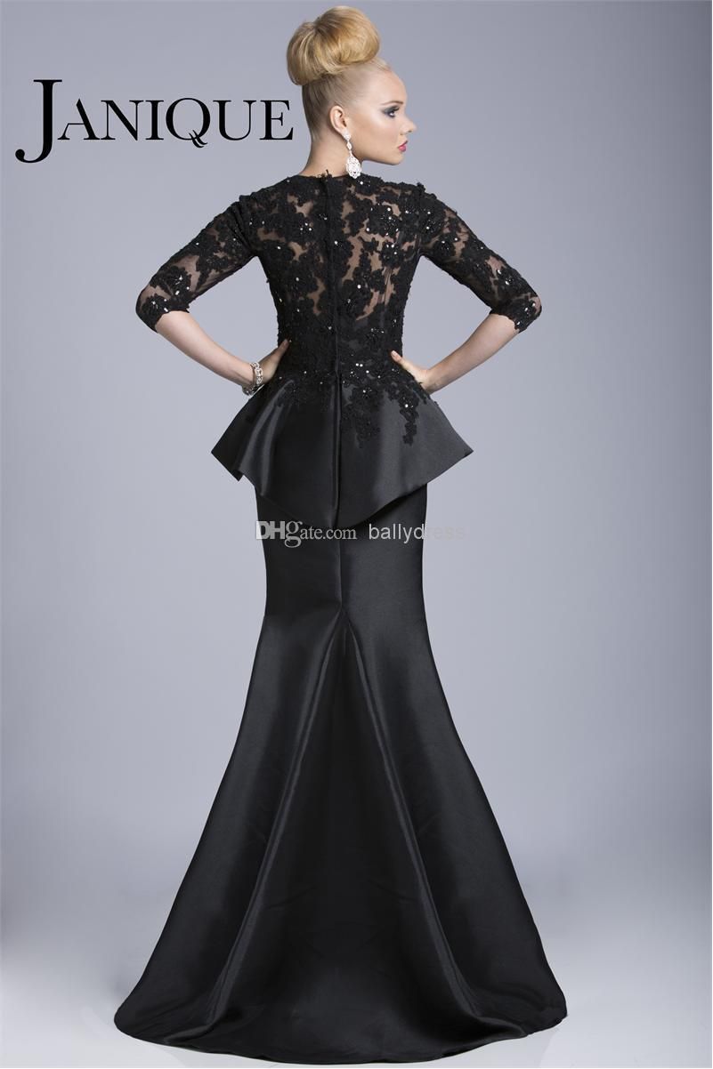 2014 Black Evening Gowns Sheer Crew High Neck Half Long Sleeves