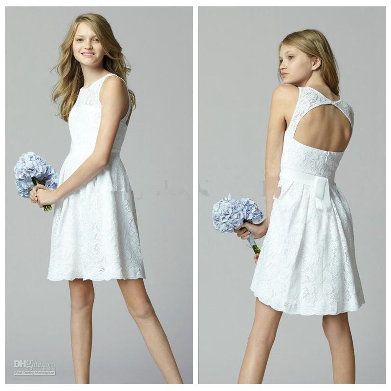White Lace Junior Bridesmaids Dress Short Open Back Sexy