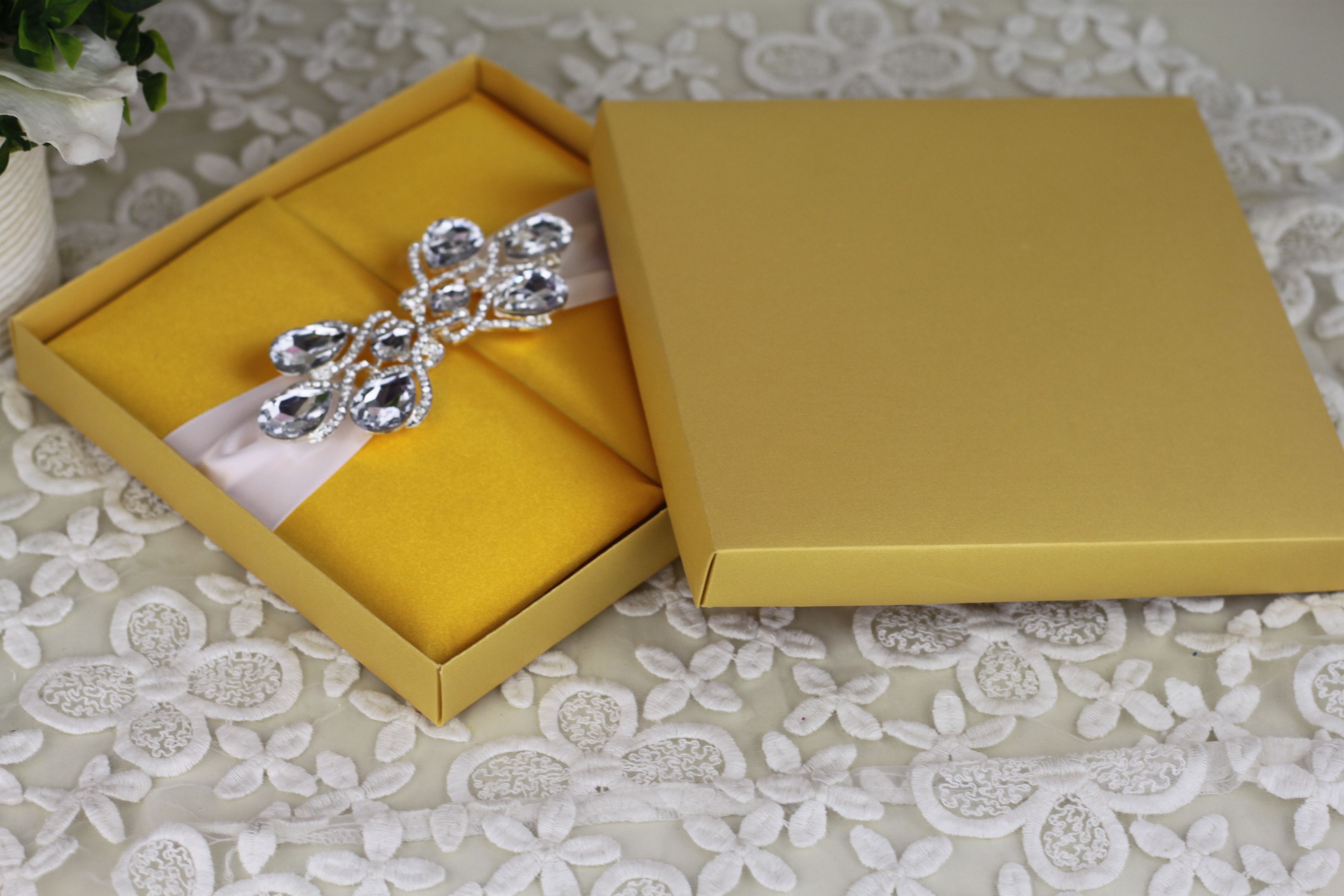 Luxury Shine Yellow Color Thai Silk Invitation Folio With Customized