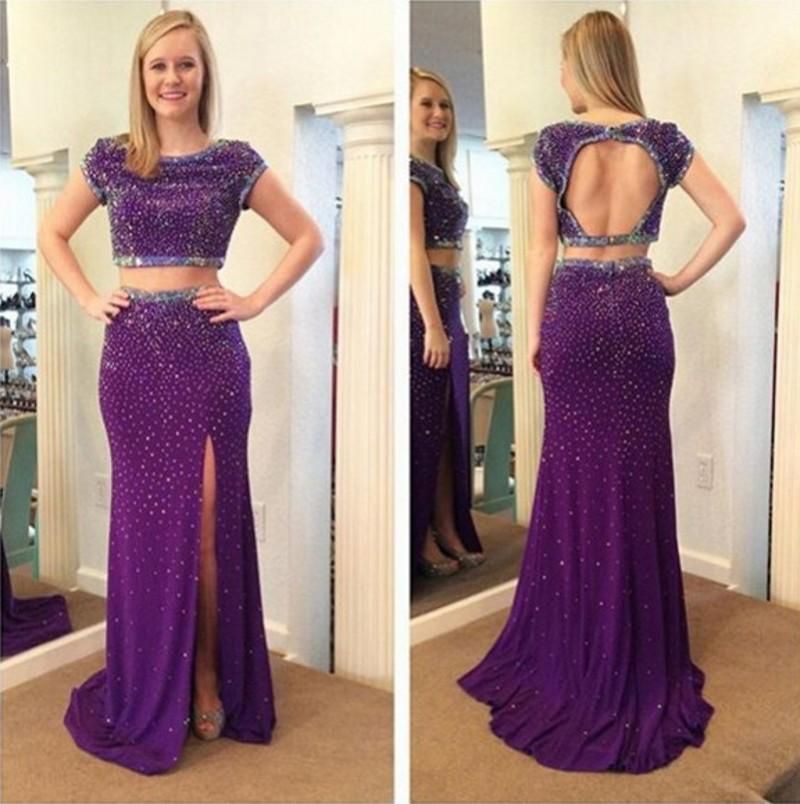 Sparkly 2016 Purple Chiffon Open Back Two Pieces Prom Dresses Long ...