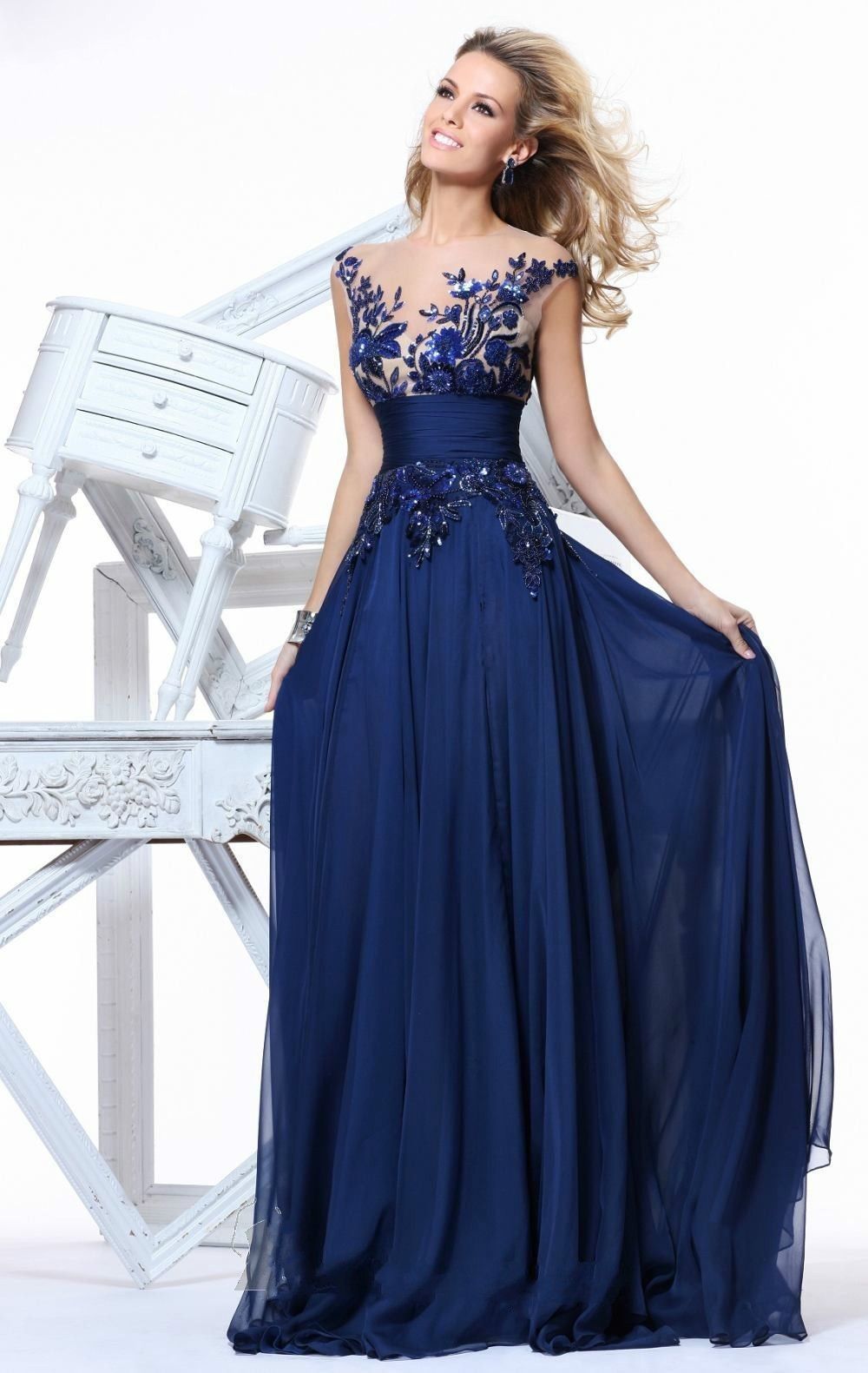 2015 Hot Sleeveless Crew A Line Chiffon Sweep Train Prom Dress With