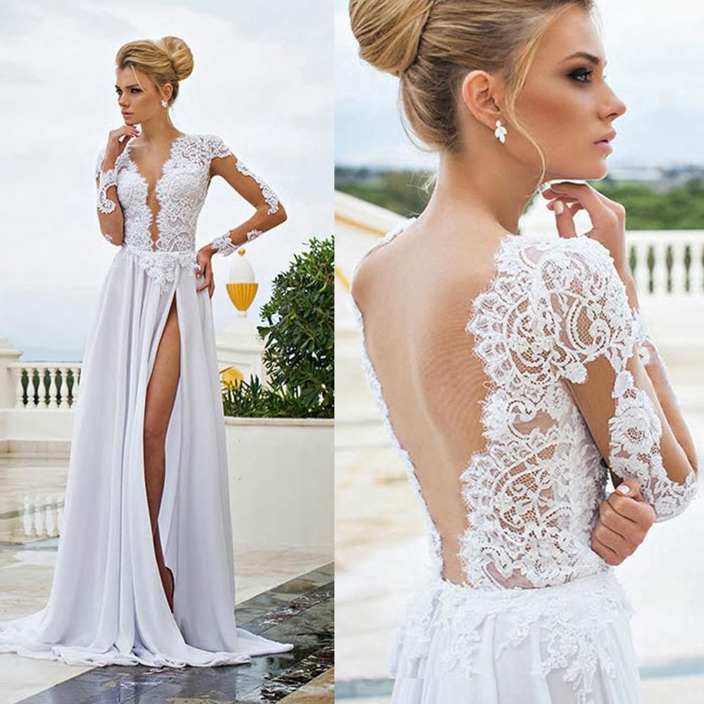 Discount Cheap White Backless Wedding Dresses Sheer Appliqued