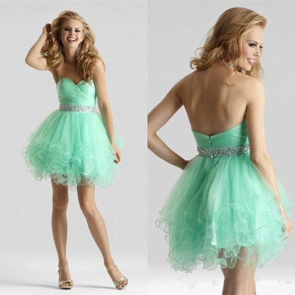 Lovely 2015 Mint Green Homecoming Dresses Crystal Sash Beads Sweetheart ...