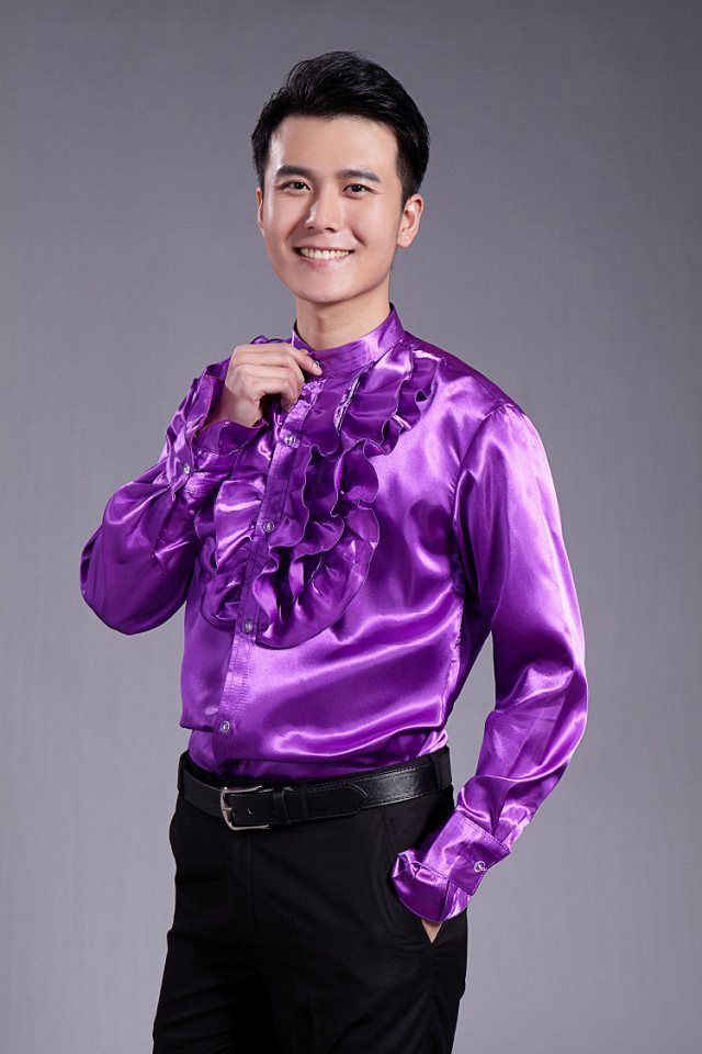 2015 Bright Purple Mens Prom Shirts With Ruffles Tuxedos Shirt Normal