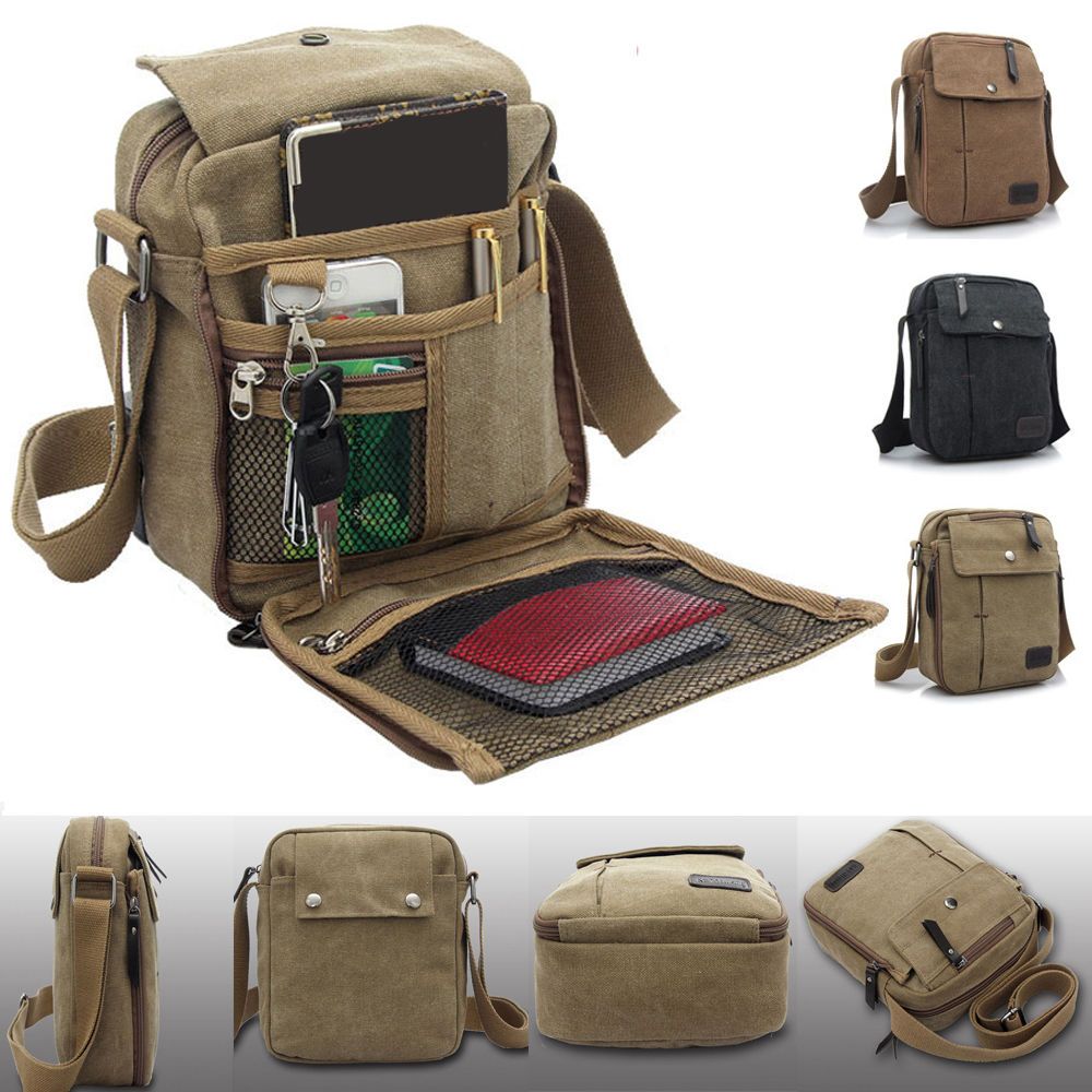 Mens Canvas Leather Satchel School Military Shoulder Bag Messenger Bag ...