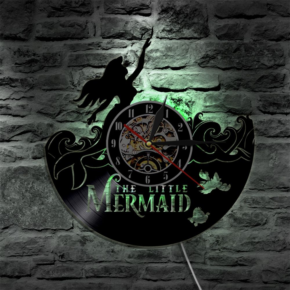 The Little Mermaid Ariel Led Vinyl Clock Wall Light Backlight Color Change Vintage Handmade Decor Lamp Remote Controller