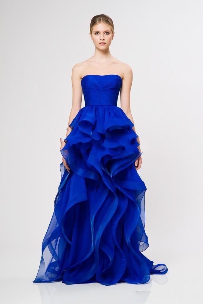 2015 Fashion Unique Royal Blue Prom Gowns Strapless Ruffle Organza Reem