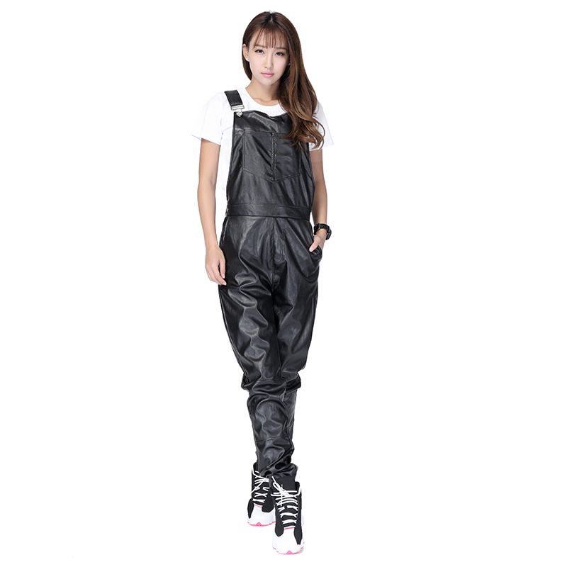 2019 Wholesale Fashion Unisex Leather Overalls PU Black Hip Hop Streetwear Faux Leather Rompers