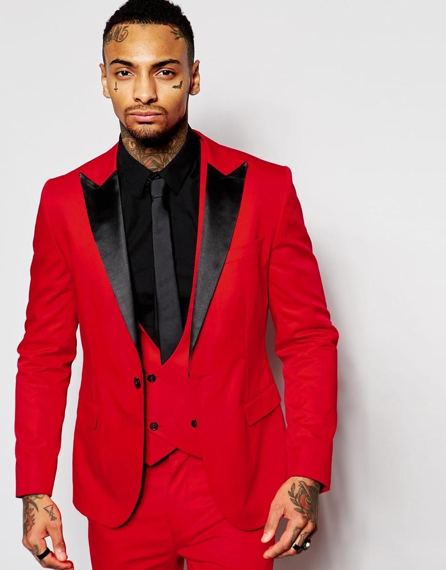 Red Mens Suits Black Peaked Lapel Three Pieces Groom Tuxedos Custom