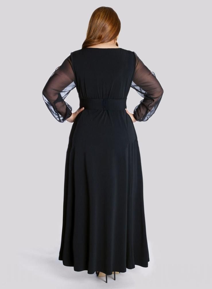 Elegant Black Plus Size Prom Dresses With Long Sleeve A Line V Neck