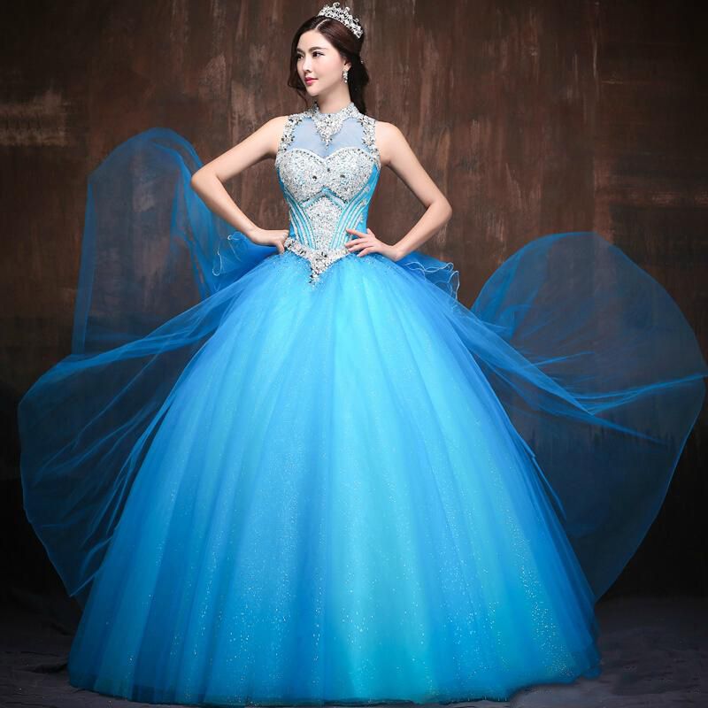 Blue Quinceanera Dresses 2015 High Neck Quinceanera Gowns Organza With ...