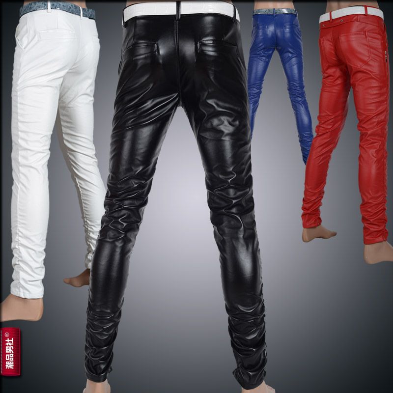 2018 2016 Mens Leather Pants Male Tight Red Male Slim Motorcycle Pants ...