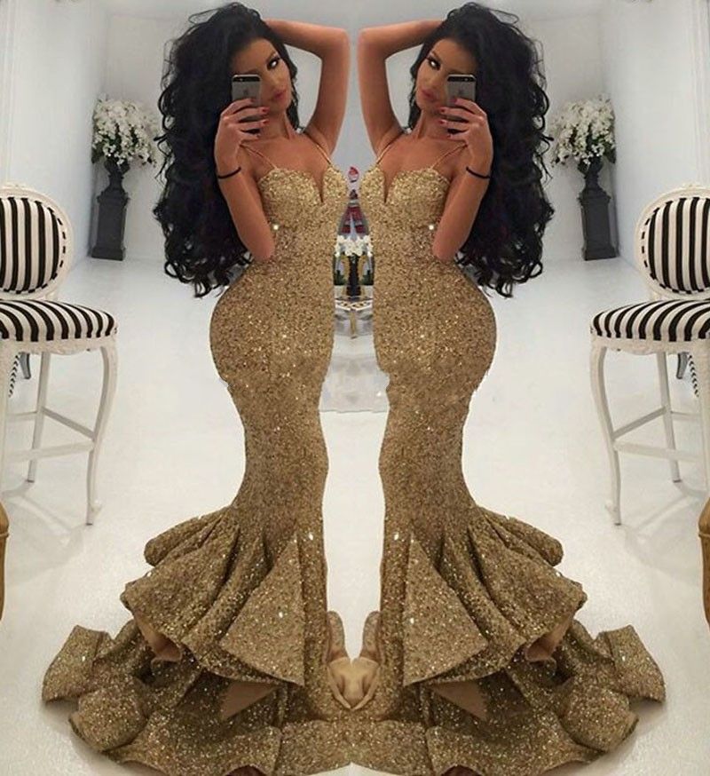 African Bling Gold Sequin Mermaid Trumpet Prom Dresses 2019 Sweetheart