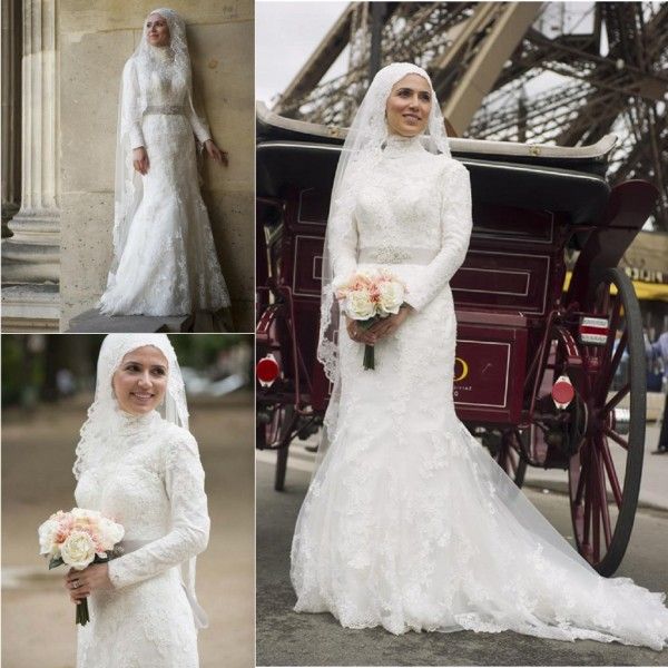 Elegant Muslim Hijab Lace Mermaid Wedding Bridal Gowns 