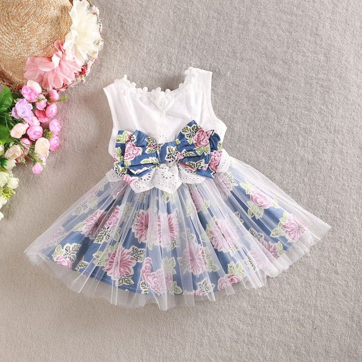 Children Cute Lace Dress Flower Bow Sleeveless A-Line Tutu Dresses