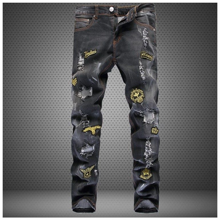 New Black Jeans Men Air Force 1 Badge 100% Cotton Slim Fit Mens Jeans ...