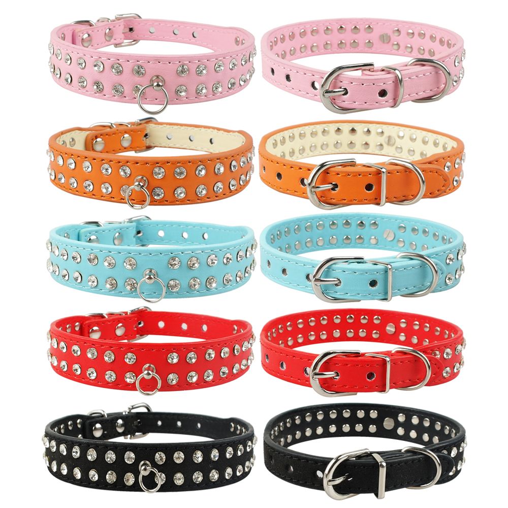 2019 Leather Dog Collars 2 Rows Rhinestone Dog Collar Diamante Cute For