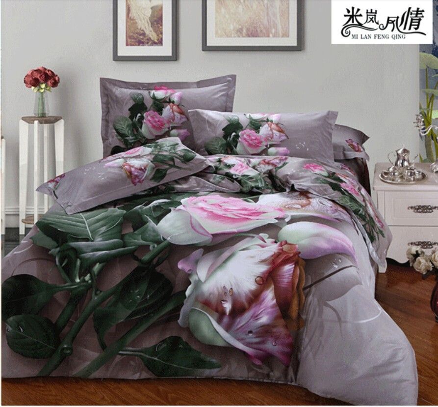 Pink Rose 3d Bedding Set Queen Size Oil Painting Bed Set Comforter