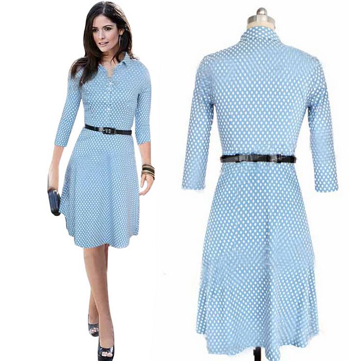 2019 polka dot patchwork lapel long sleeve midi pencil dress