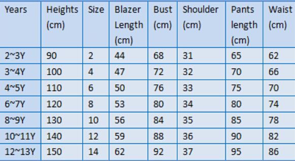 Boys Suit Size Chart